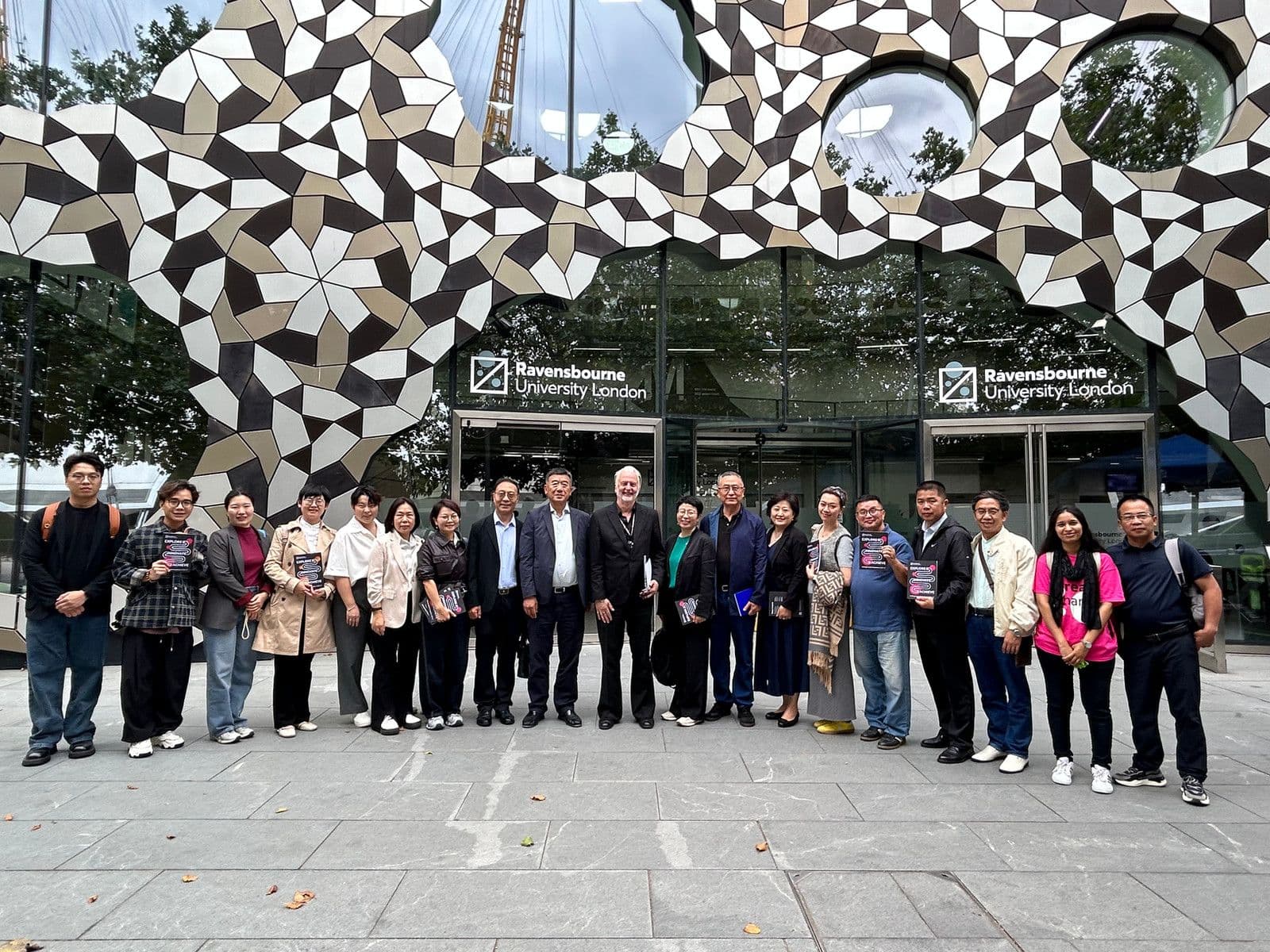 The Guangzhou Huashang College delegation outside Ravensbourne University London during their 2025 UK visit